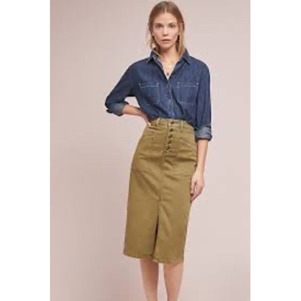 Anthropologie Olive Green Utility Midi Skirt Button Fly Size 6 Cotton Twill